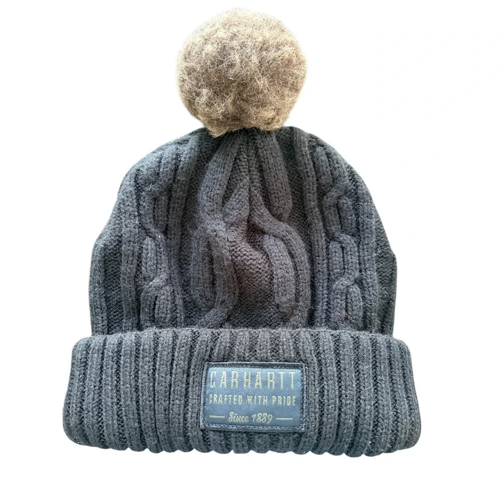 Carhartt Black Cable Knit Pom Beanie Hat Faux Fur‎ Winter Cap OS